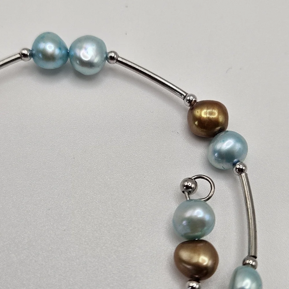 Vantel Pearls Blue Silver Tone Wrap Bracelet Signed